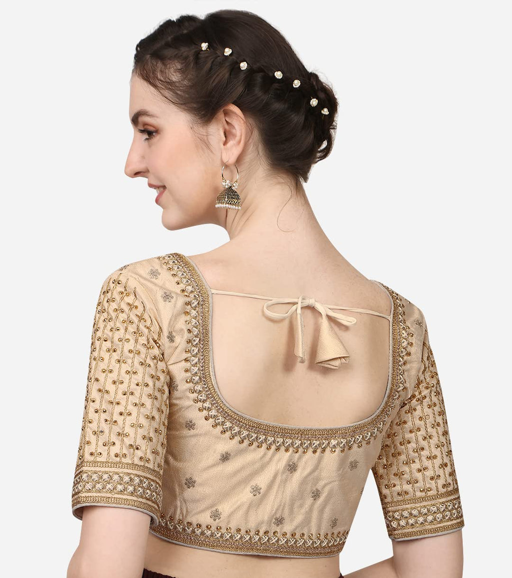 Pujia Mills WomenS Cobra Silk Embroidery Coding Stone Work Half Sleeve Saree Blouse