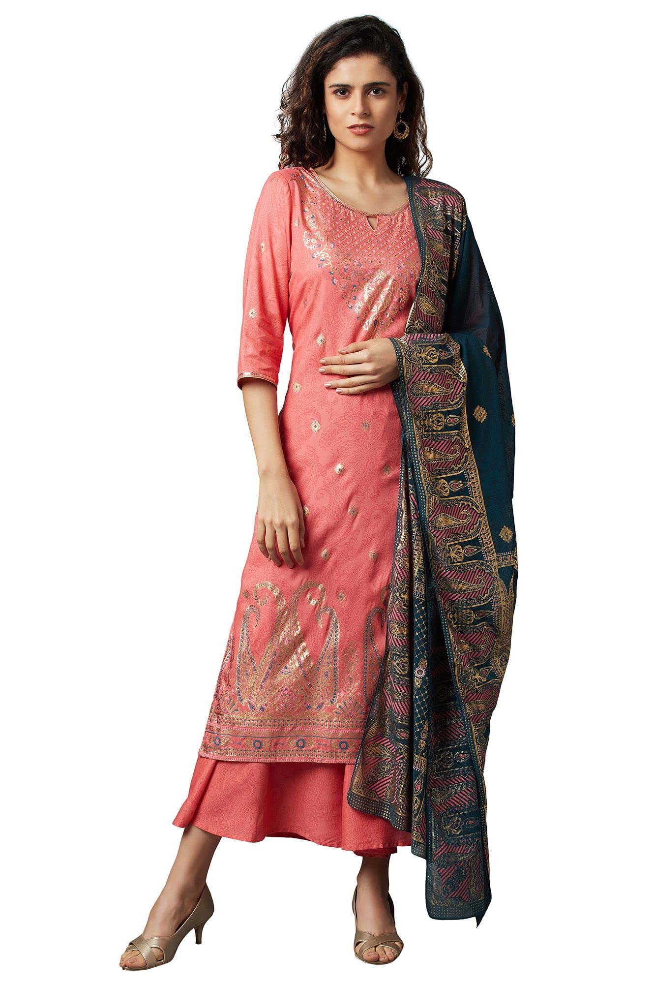 Aurelia Women'S Viscose Kurta, Cullote & Dupatta (22Feas13186-504261_Peach_Xl)