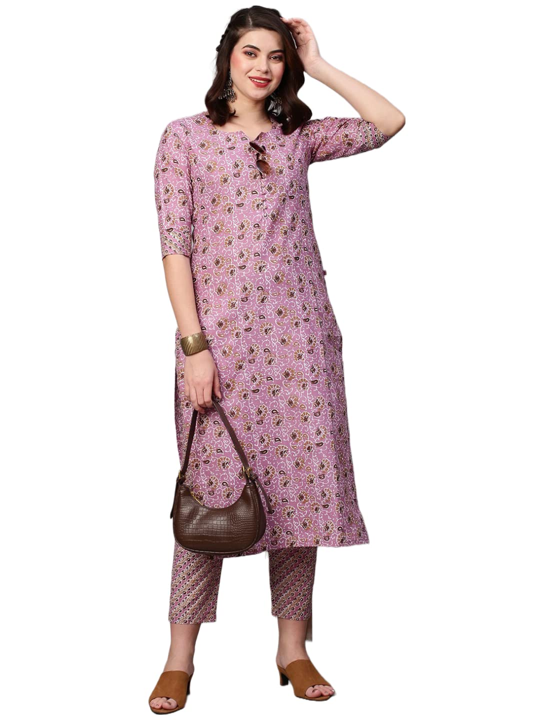 Gosriki Women'S Cotton Blend Traditional Straight Printed Kurta And Palazzo Set (Janar Light Pink-31_Xl-Gs_Light Pink_X-Large)