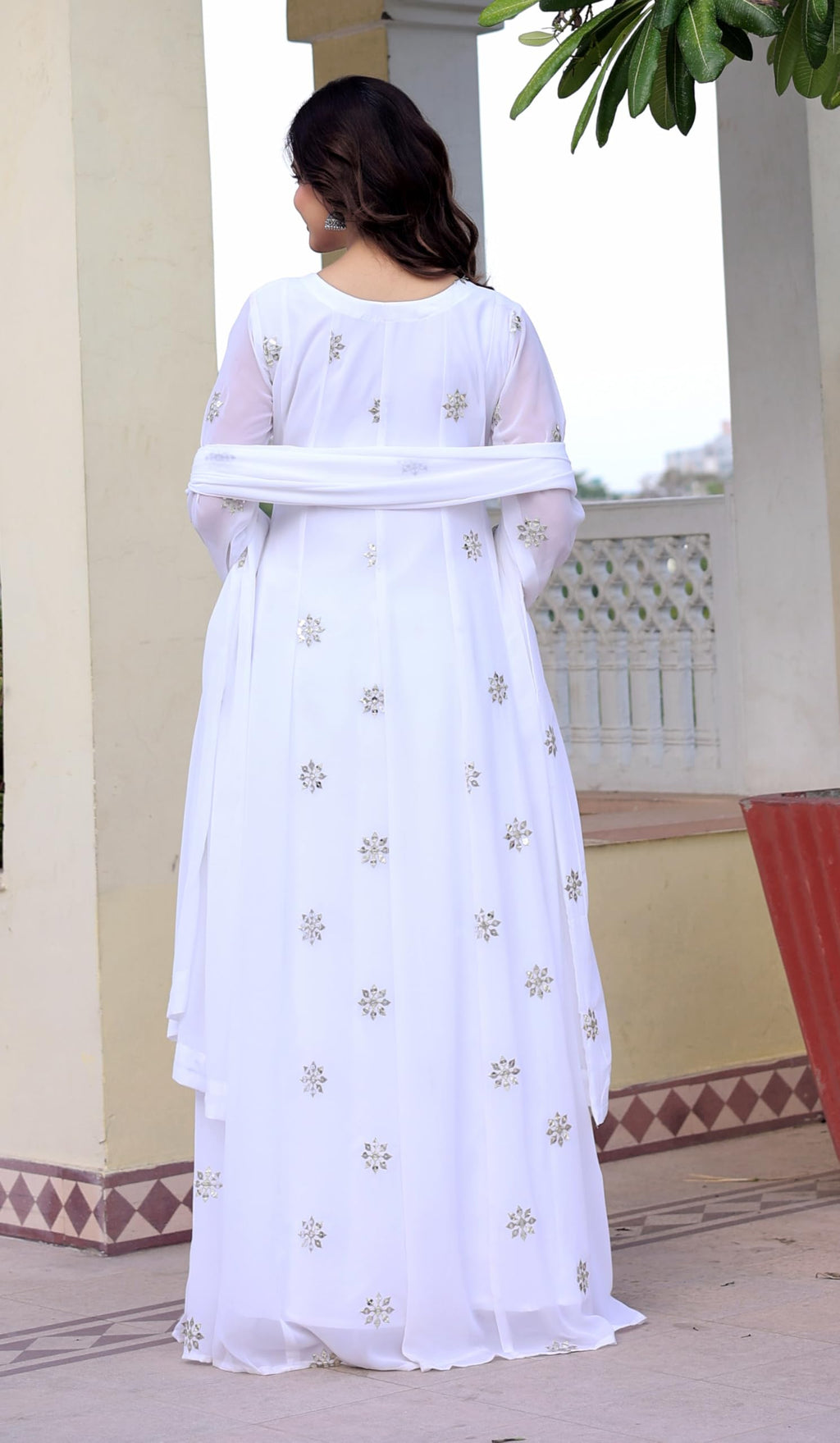 Fashion Basket Georgette Embroidered Gown For Women White