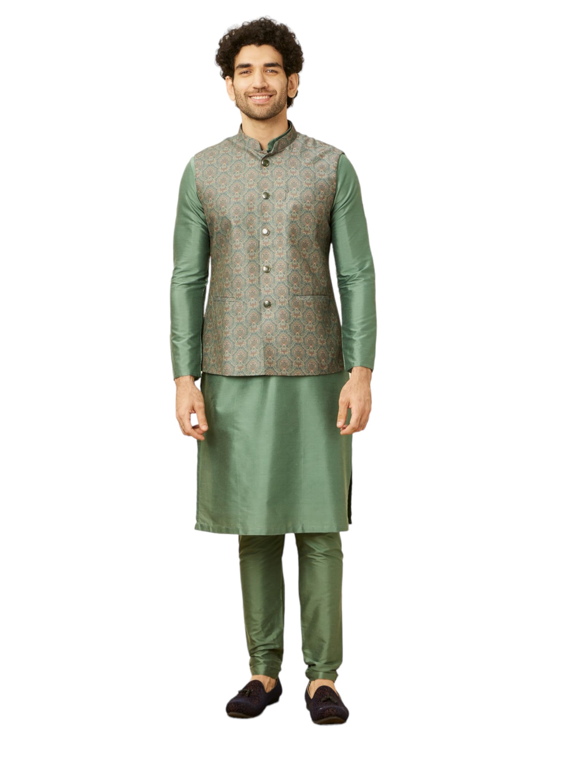 Manyavar Mens Green BLENDED VISCOSE|ART SILK Jacket