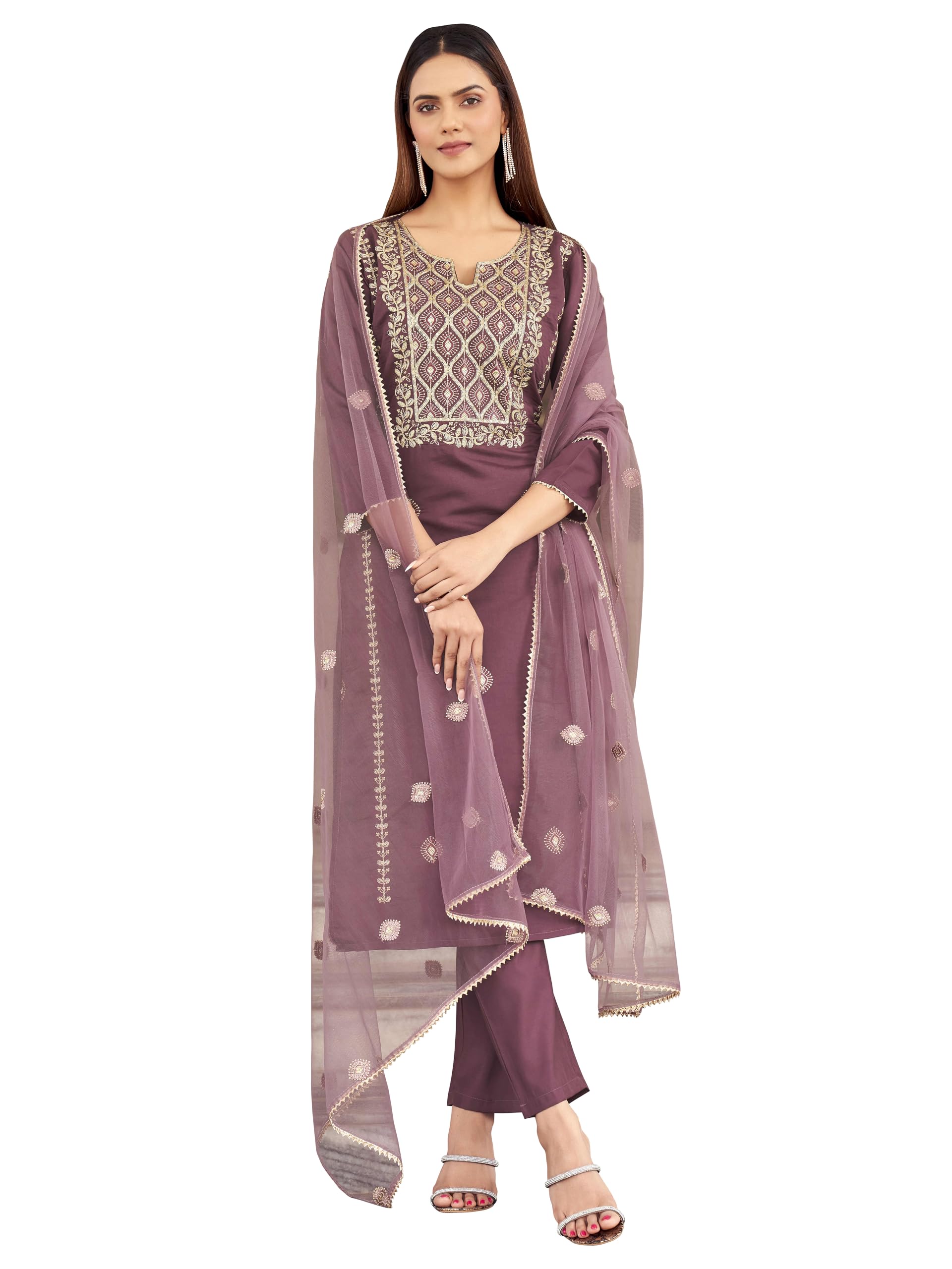 Womanista Women'S Organic Cotton Embroidered Kurtaset 1144_Purple