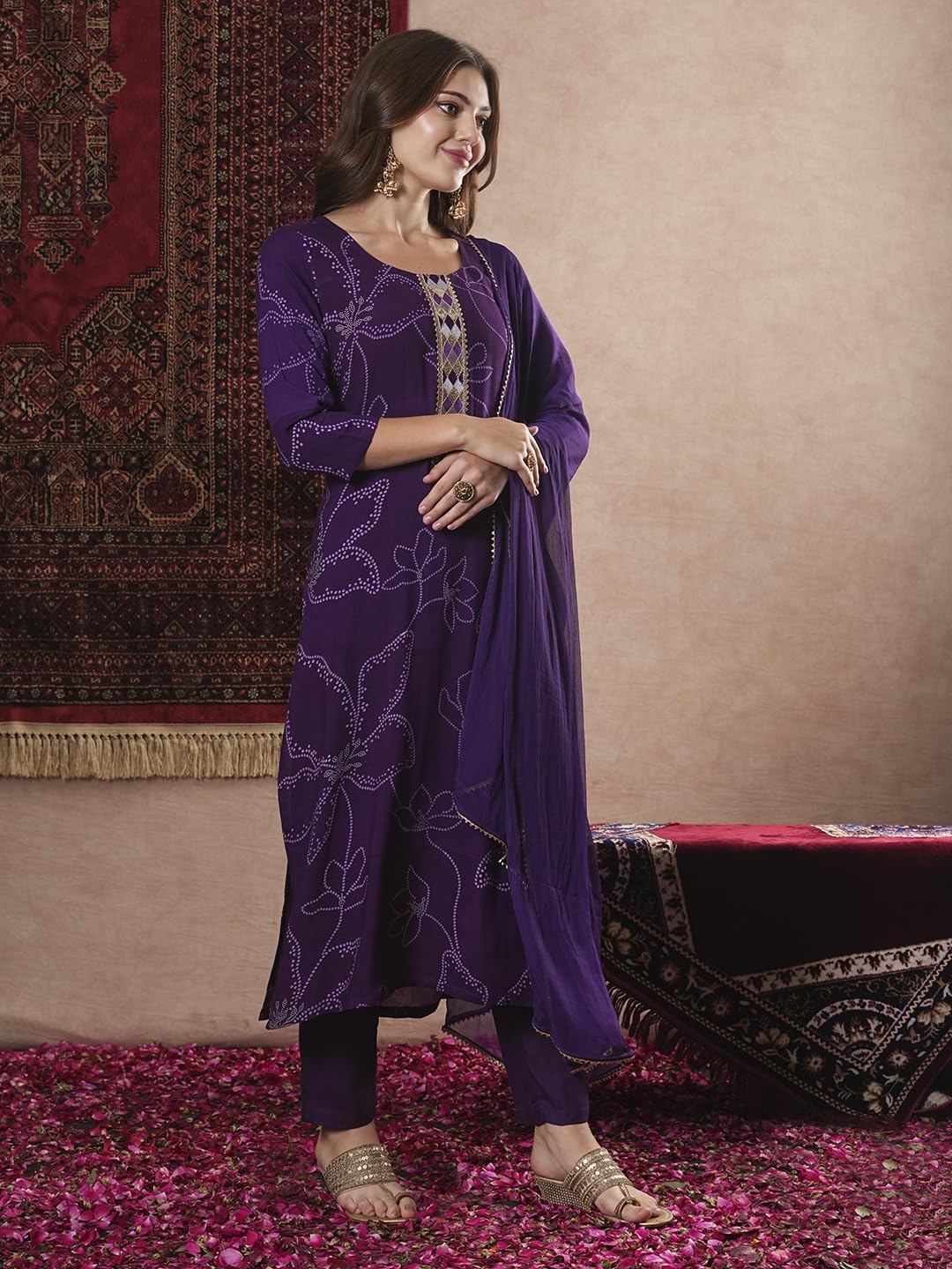 ANNI DESIGNER Ladies Cotton Blend Straight Print Cropped Trousers and Dupatta Kurta, Begani, XL