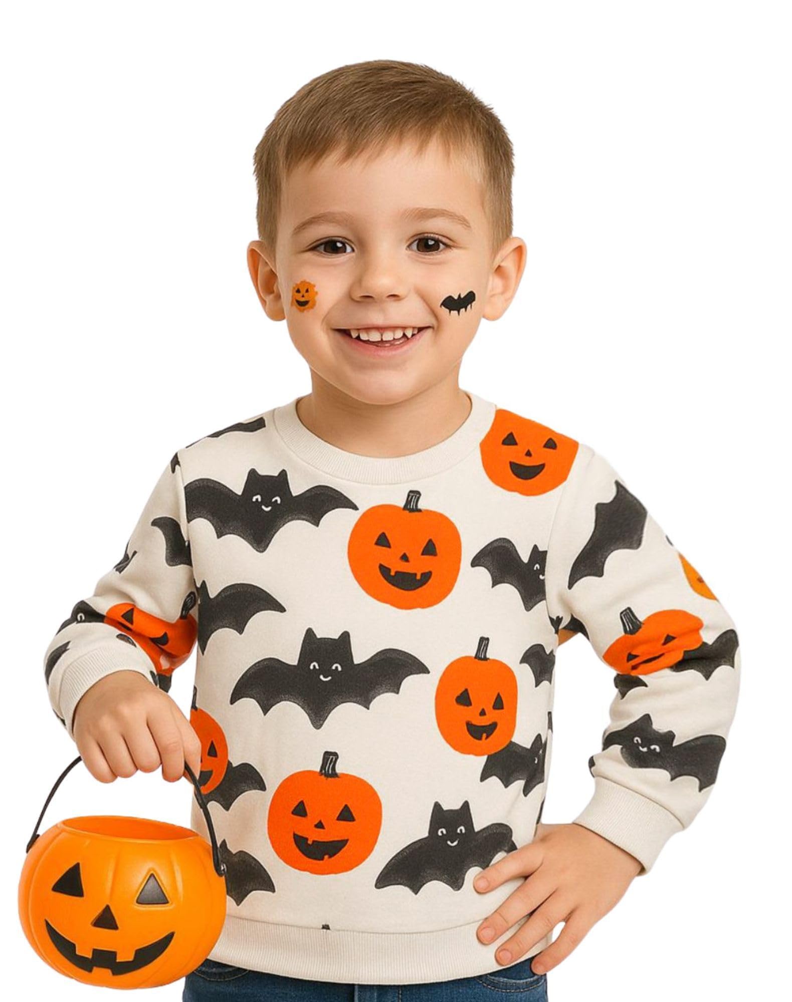 HILEELANG Kids Boy Sweatshirts Halloween Pumpkin Bat Graphic Crewneck Pullover Cotton Tops 5T