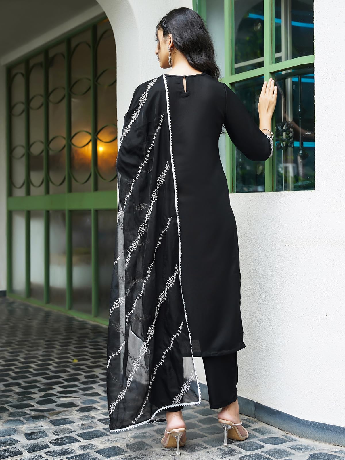 Sanisa Women'S Rayon Blend Sequins Embroidery Straight Kurta With Pant And Dupatta Set