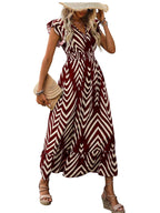 Shasmi WomenS & GirlS Maroon V-Neck Striped Printed Dress With Ruffled Hem And Belted Waist For Vacation, One Piece Dress For 