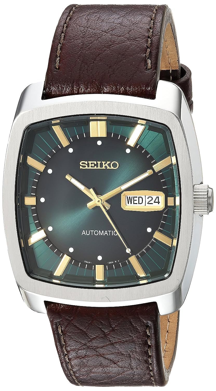 SEIKO SNKP27 Automatic Watch for Men - Recraft Series - Brown Leather Strap, Day/Date Calendar, 50m Water Resistant, Green Dial,