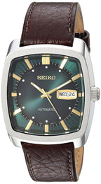 SEIKO SNKP27 Automatic Watch for Men - Recraft Series - Brown Leather Strap, Day/Date Calendar, 50m Water Resistant, Green Dial,