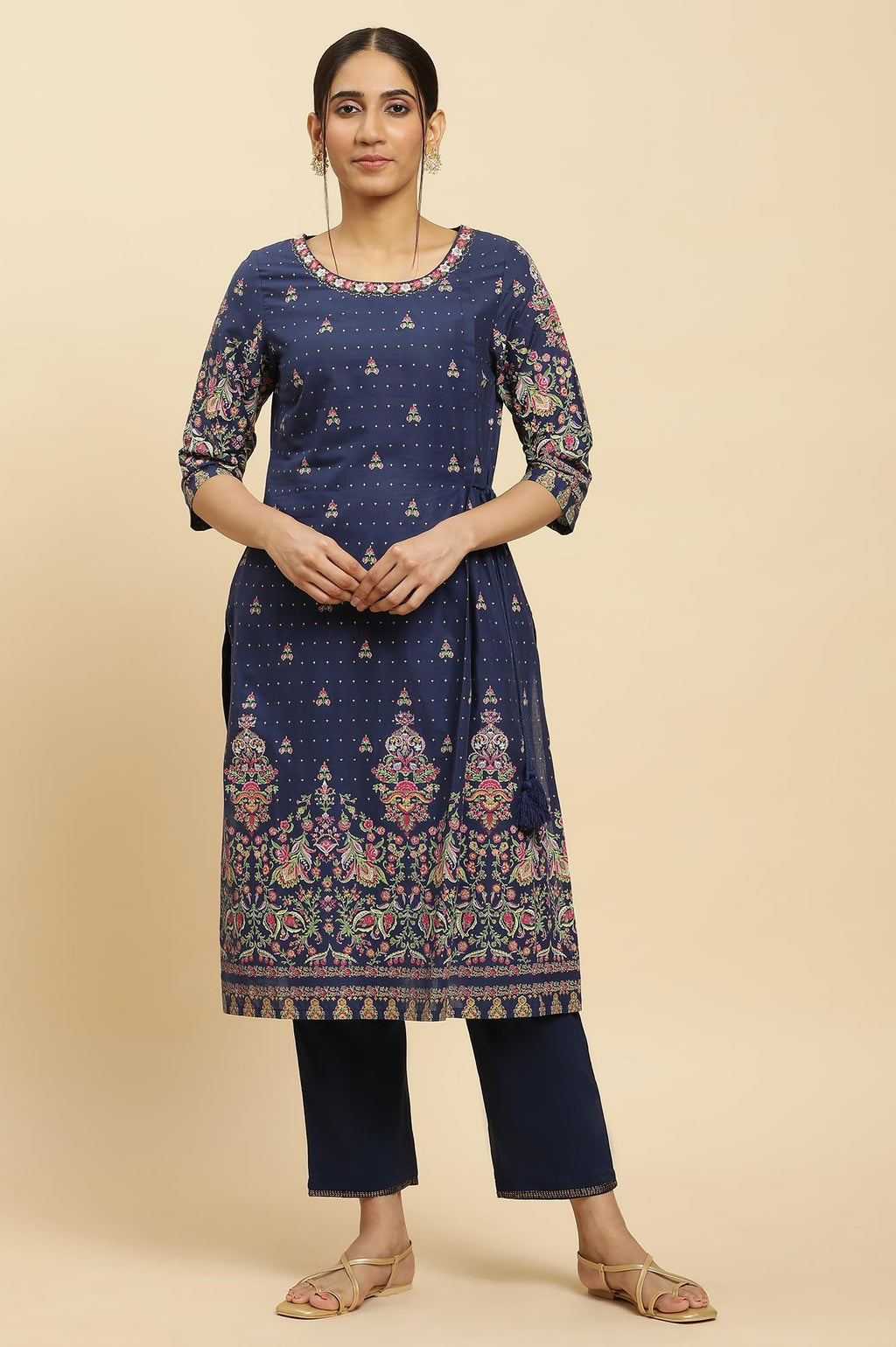 W For Woman Blue Floral Printed Cotton Khadi Straight Long Kurta