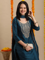 ANNI DESIGNER Women s Straight Embroidered Rayon Blend Kurta with Pants and Dupatta, dark blue, XL
