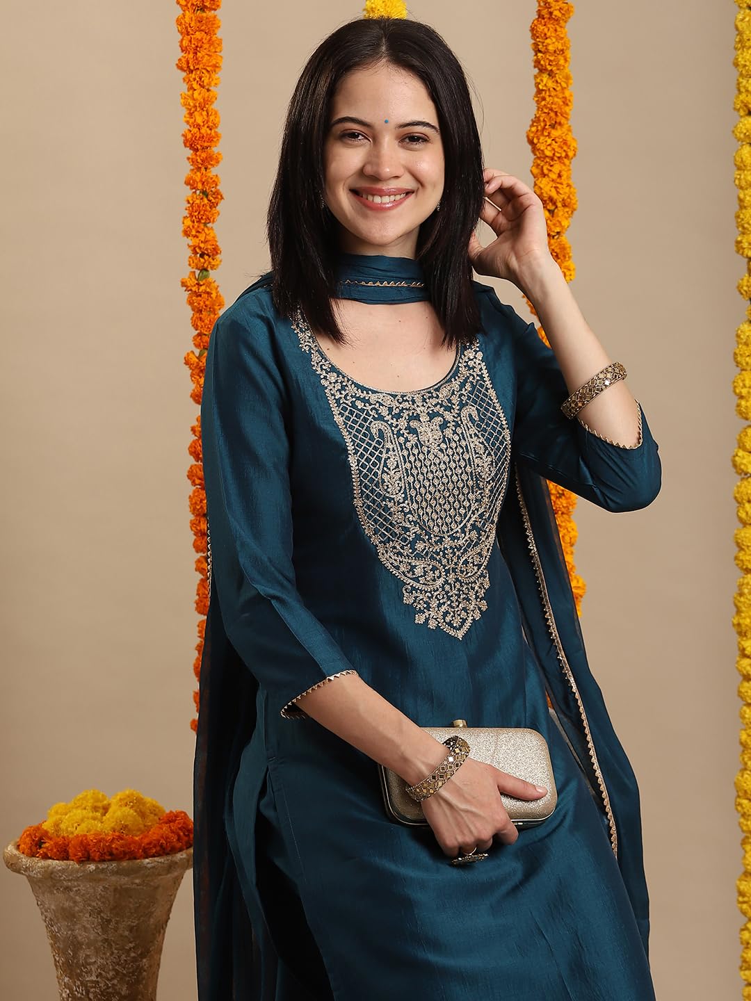 ANNI DESIGNER Women s Straight Embroidered Rayon Blend Kurta with Pants and Dupatta, dark blue, XL