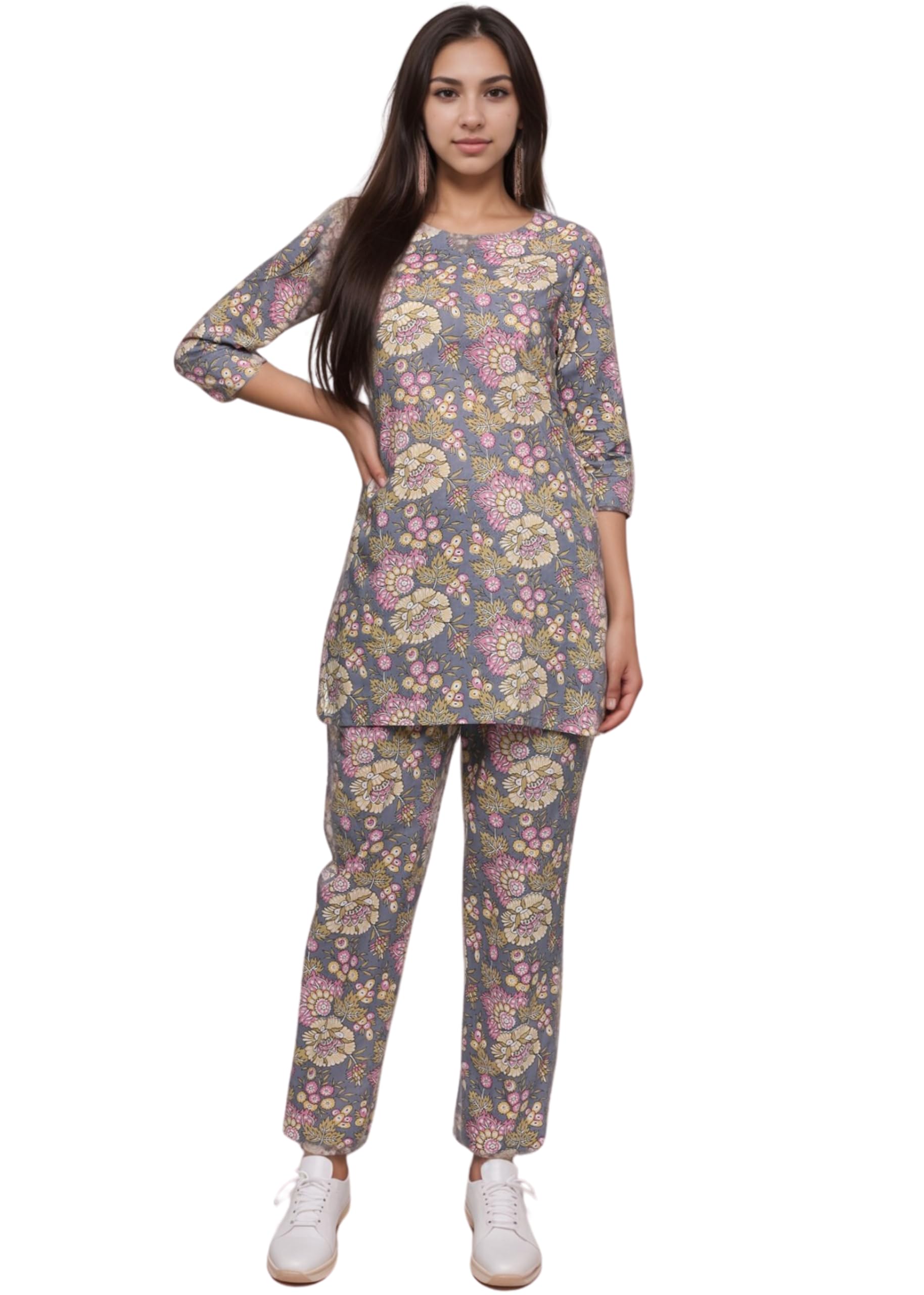 SMOWKLY Womens Printed Rayon Slub Mid Thighs Short Kurti With Relaxed Fit Pant Sylish Co-Ords Set || Trendy 3/4 Sleeve Kurta & 