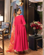 ANNI DESIGNER Womens Rayon Blend Anarkali Solid Kurta with Pant & Dupatta (Bette Pink_L_Pink_Large)