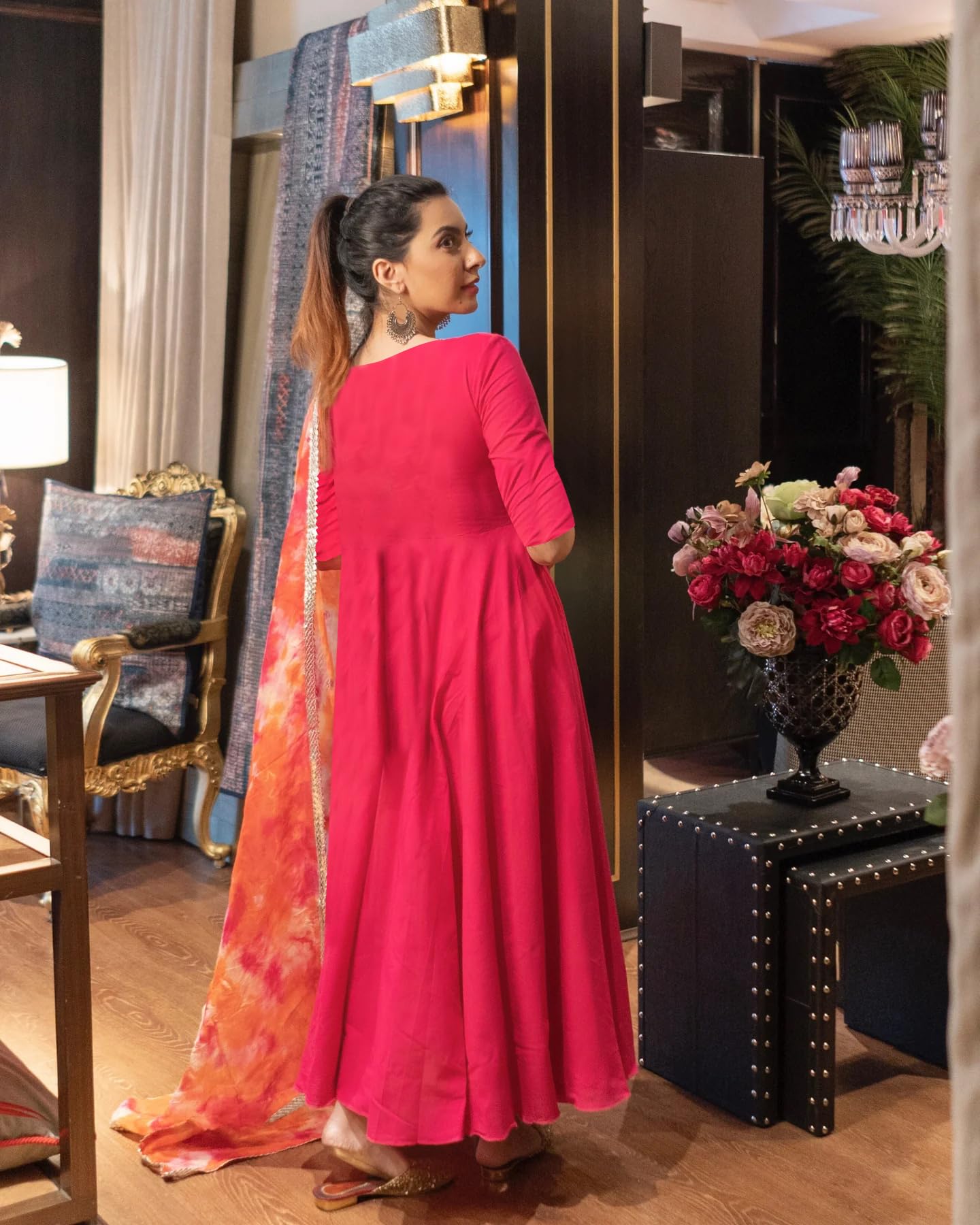 ANNI DESIGNER Womens Rayon Blend Anarkali Solid Kurta with Pant & Dupatta (Bette Pink_L_Pink_Large)