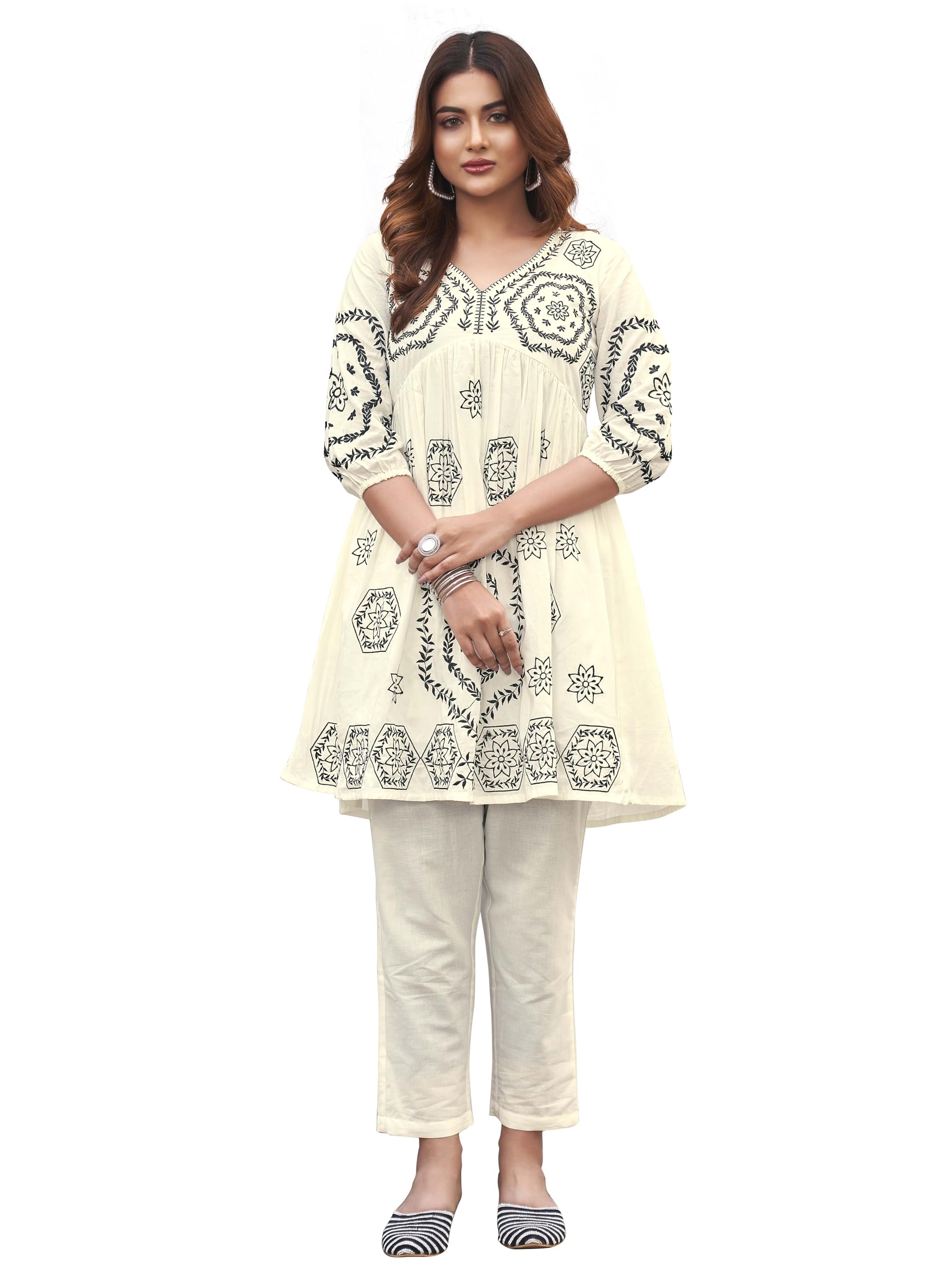 Womanista WomenS Pure Cotton Solid Regular Embroidered Co-Ord Set 9137_Off White