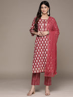 Anubhutee Women'S Cotton Red Gota Patti Floral Printed Straight Kurta Suit Set With Pants And Dupatta