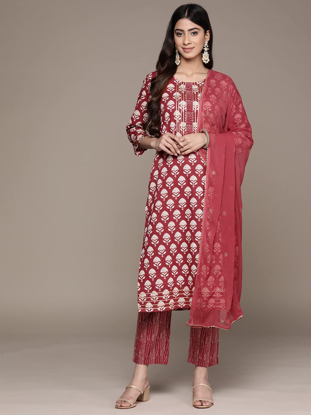 Anubhutee Women'S Cotton Red Gota Patti Floral Printed Straight Kurta Suit Set With Pants And Dupatta
