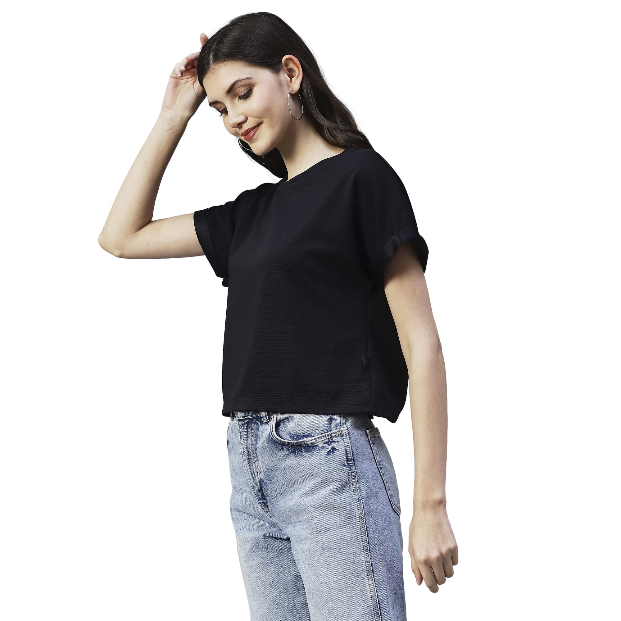 Rigo Women Black Cap Sleeves Poly Corduroy Crop Top