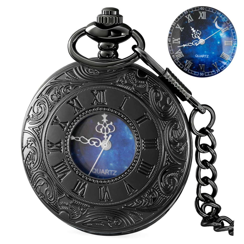Tiong Roman Numerals Scale Pocket Watch Blue Starry Night Moon Dial Men Pocket Watch with Chain Christmas Graduation Birthday Gi