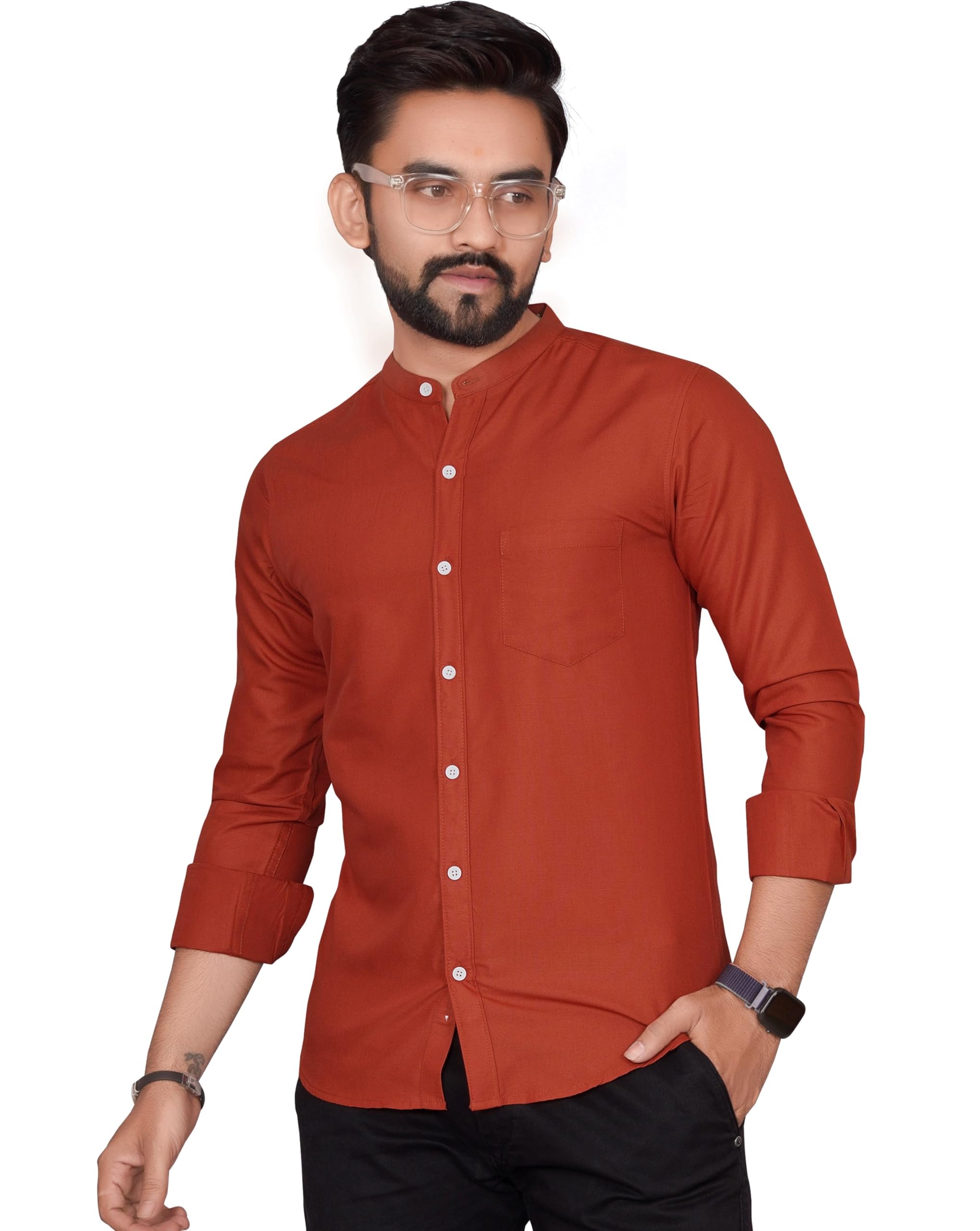 Besix MenS Regular Fit Solid Cotton Shirt | Chinese Collar | Casual | Plain | Branded | Mandarin Collar | Full Sleeve | Summer 
