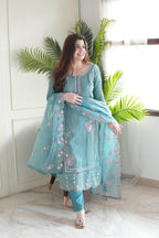 Wedani Silk Embroidered Kurta Set with Duptta for Women Sky Blue
