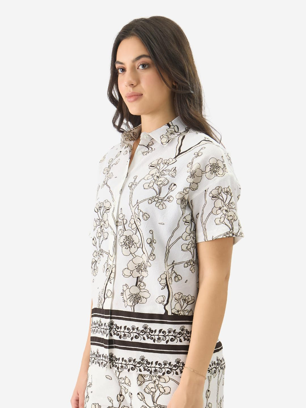 The Souled Store Gardenia Women and Girls Short Sleeve Collared Neck White All Over Print Button Down Oversized Shirts