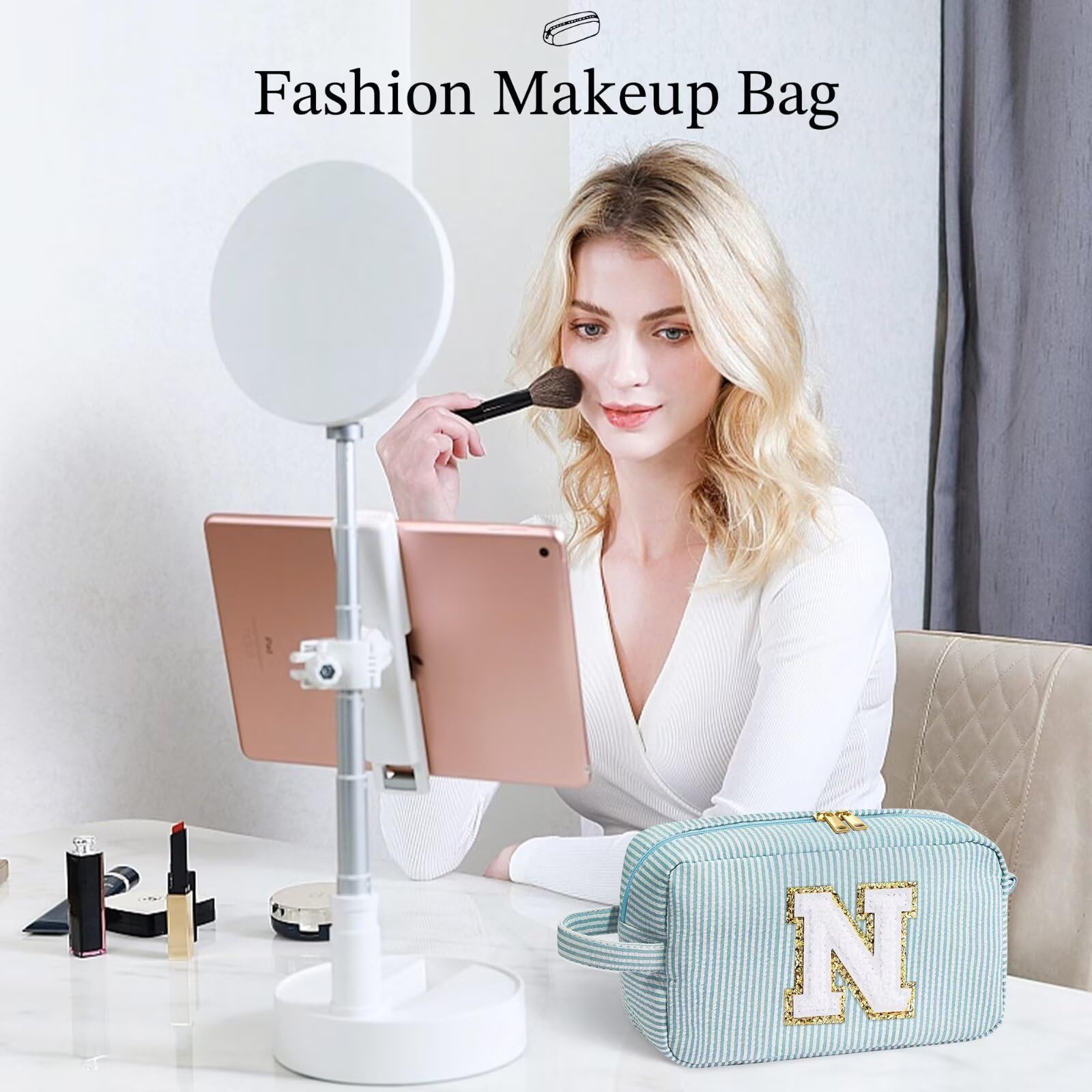 YOOLIFE Initial Makeup Bag - Monogram Cute Makeup Bag Cosmetic Travel Toiletry Pouch Make Up Case for Women Mom Best Friend Frie