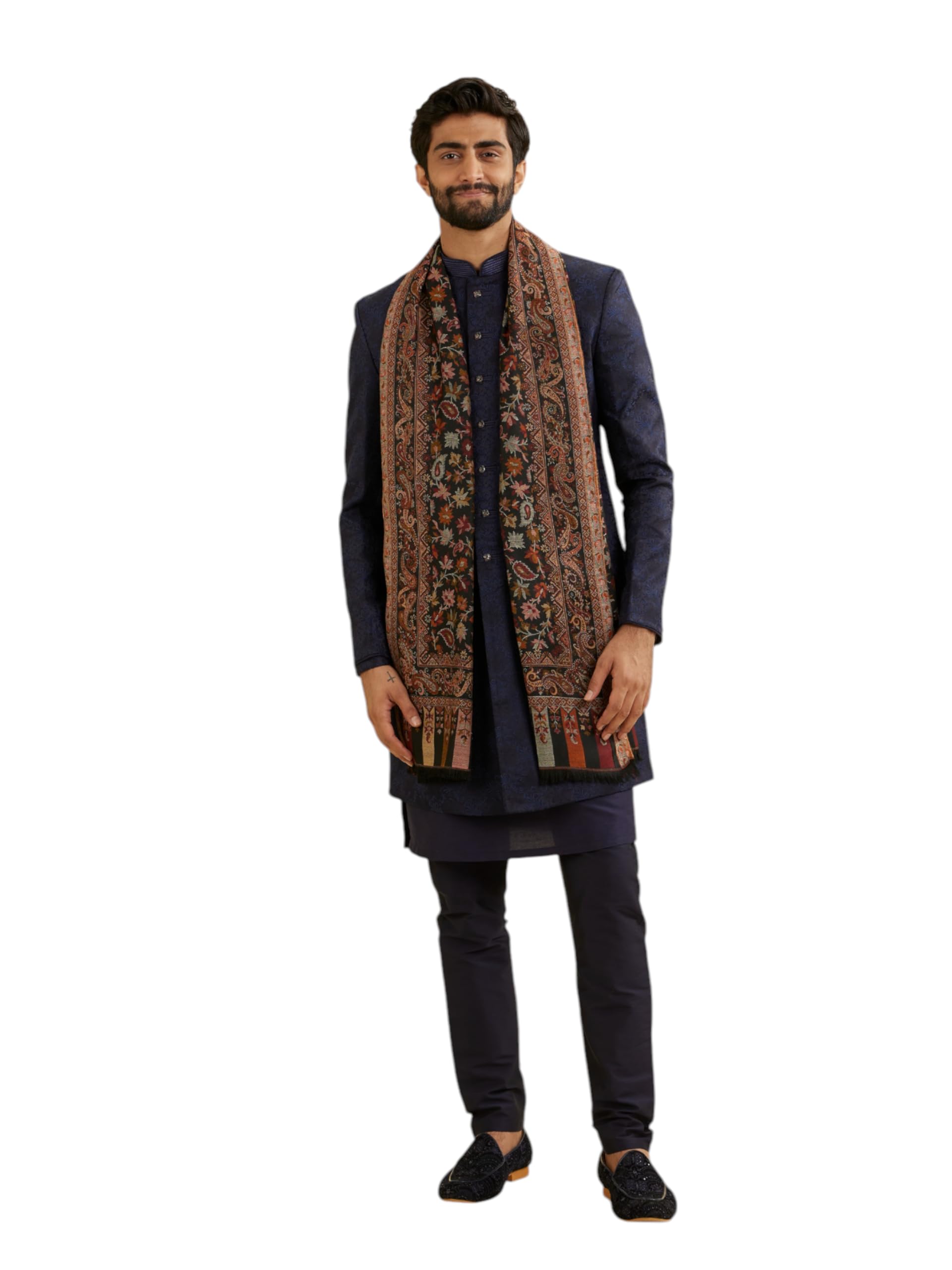 Manyavar MenS Paisley And Leaf Motifs Patterned Shawl (Black)