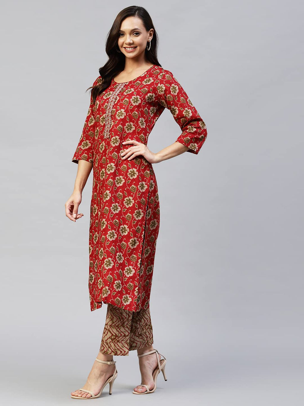 Anni Designer Women'S Cotton Blend Printed Straight Kurta With Pant (Duran Red-Nwfb01)