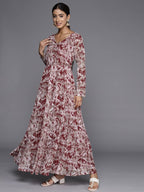 Varanga Maroon Abstract Printed V-Neck Embellished With Triangular Lace, Long Sleeves Embellished With Gota Lace Anarkali Kurta Paired With Tonal Dupatta