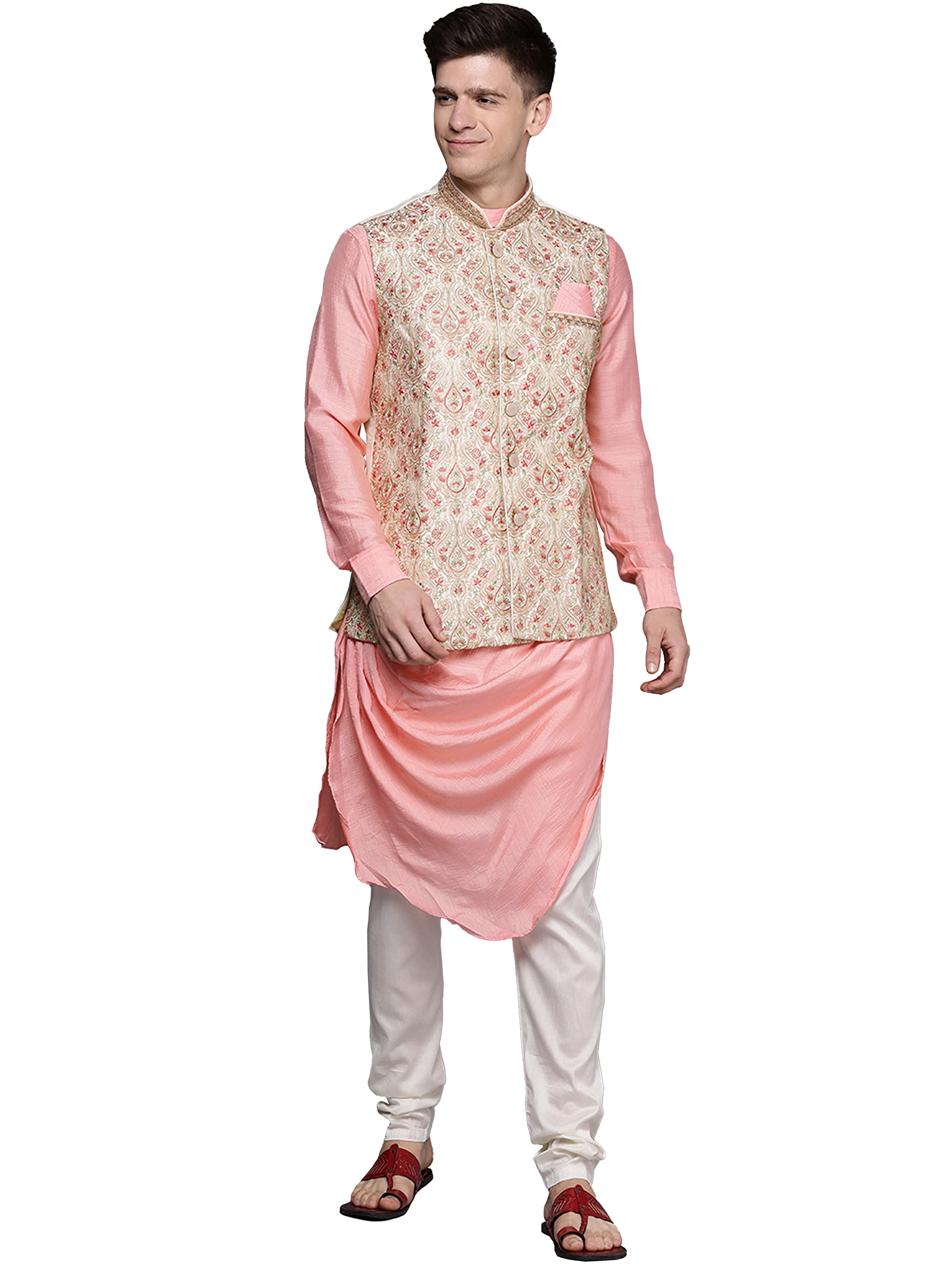 Manyavar Kurta Jacket Set for Men, Full Sleeves Mandarin Collar Ethnic Wear Jacket Set for Anniversary, Wedding, Party Art Silk 