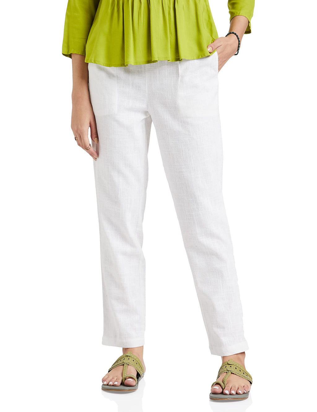 DIGITAL SHOPEE Women Cotton Trouser Pant Regular Fit for Office School Formal Casual Daily Use (White, Large)