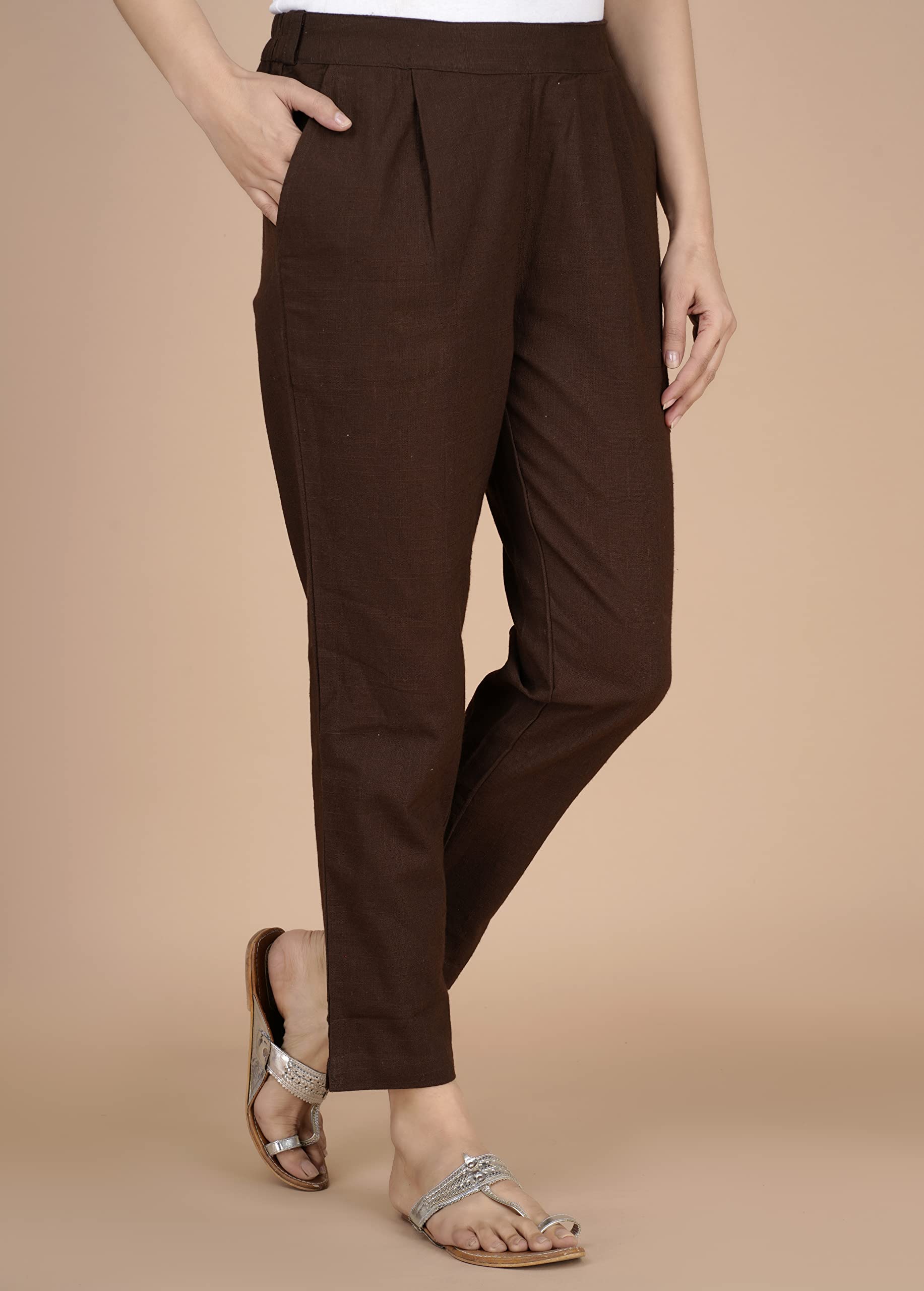 Digital Shopee Cotton Women Trouser Pant Use For Formal Office High Waist For Wide Leg Ankle Length Straight Pencil Pant (Brown_