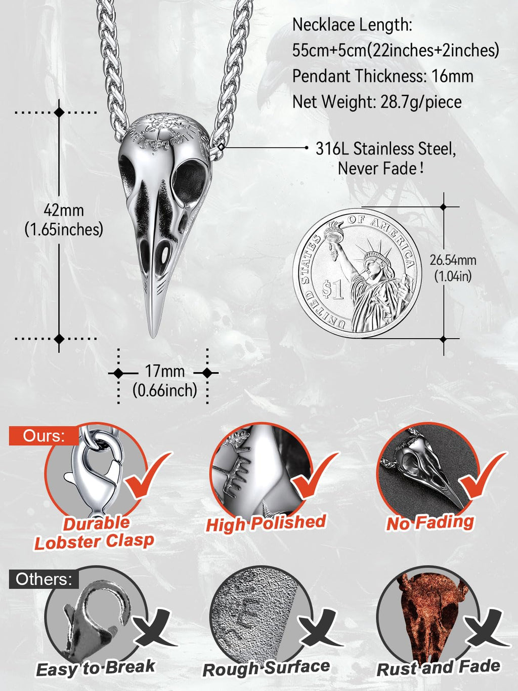 FaithHeart Viking Raven Skull Necklace for Men Stainless Steel Punk Crow Head Pendant Gothic Jewelry Halloween Accessories