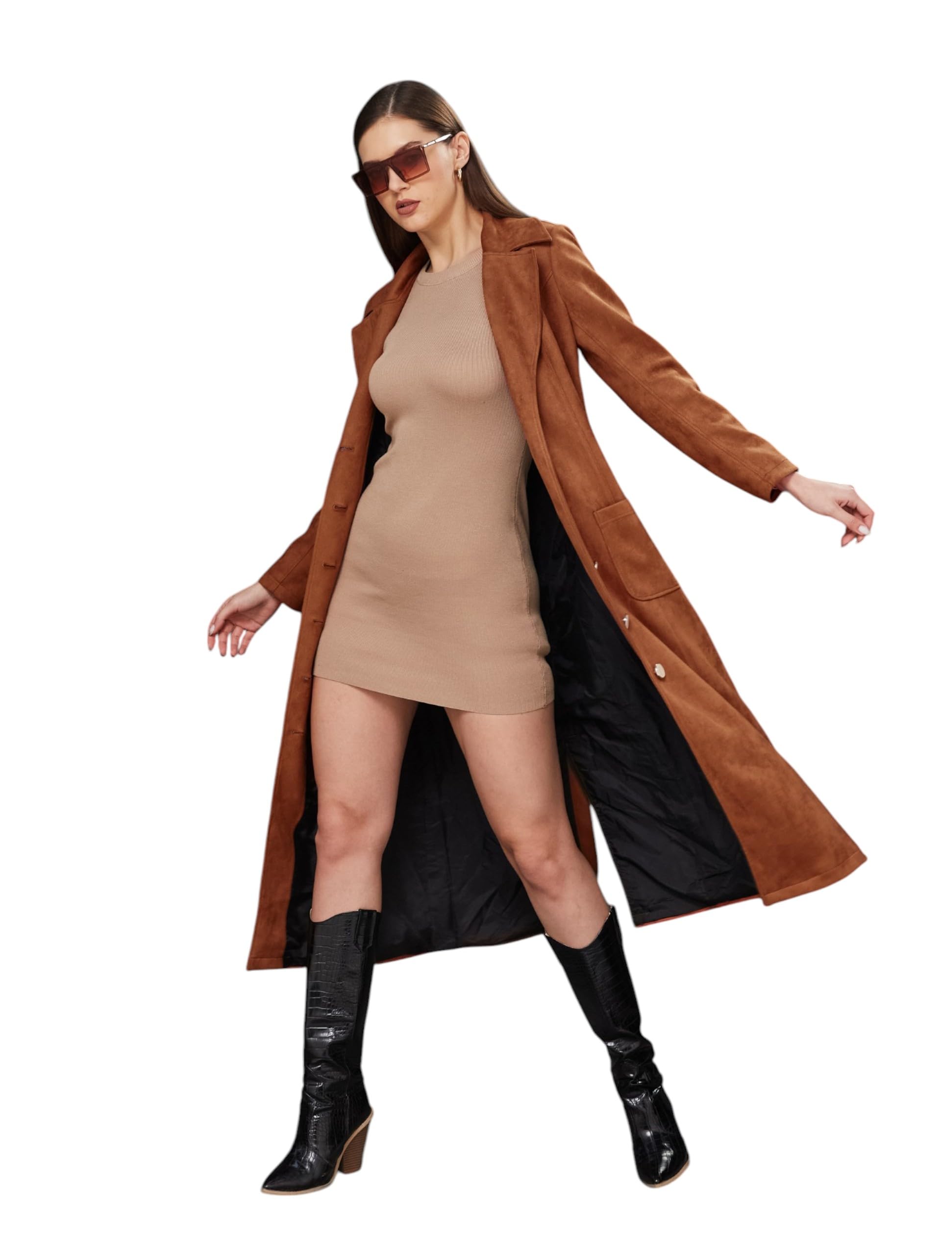 Miss Chase Womens V-Neck Full Sleeves Patched Pocketed Button Down Longline Winter Wear Jacket (MCAW22JKT03-47-59-06, Brown, XL