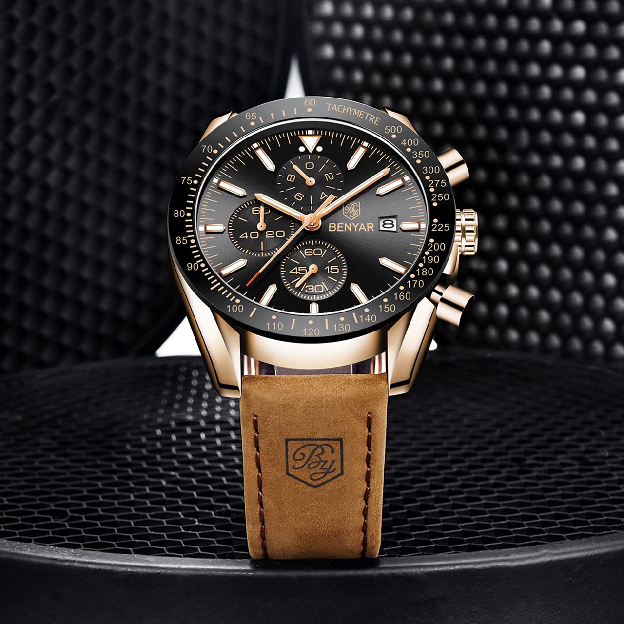 BENYAR Classic Fashion Quartz Chronograph Watch Casual Sport 30M Waterproof Leather Band Mens Watches (Brown-Black)