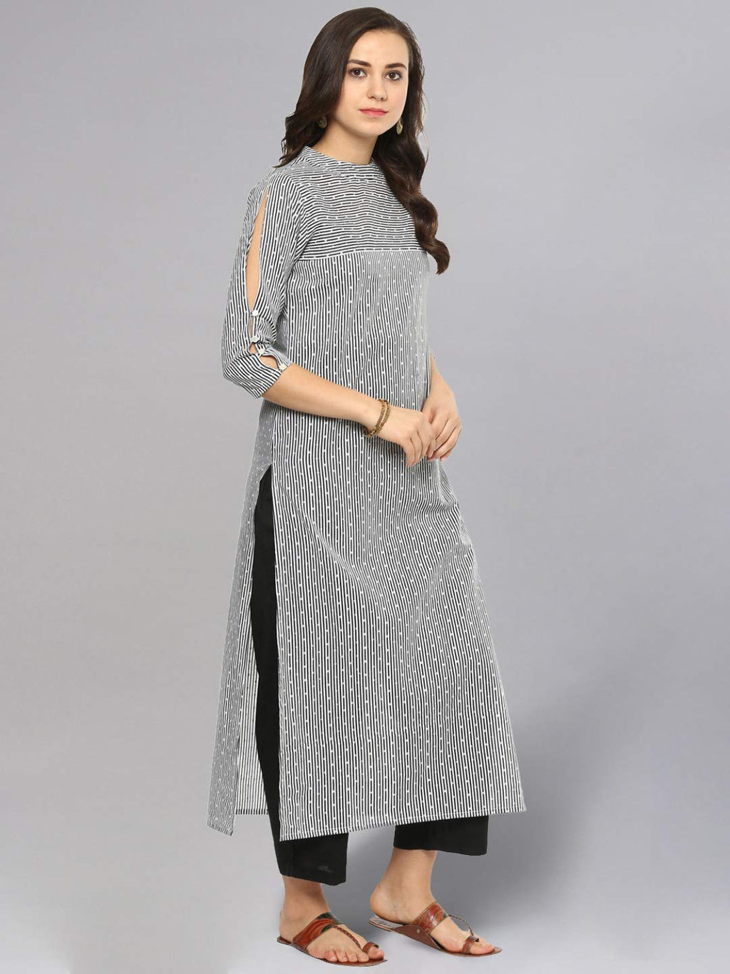 Idalia Black And White Dotted Stripes Straight Cotton Kurta For Women