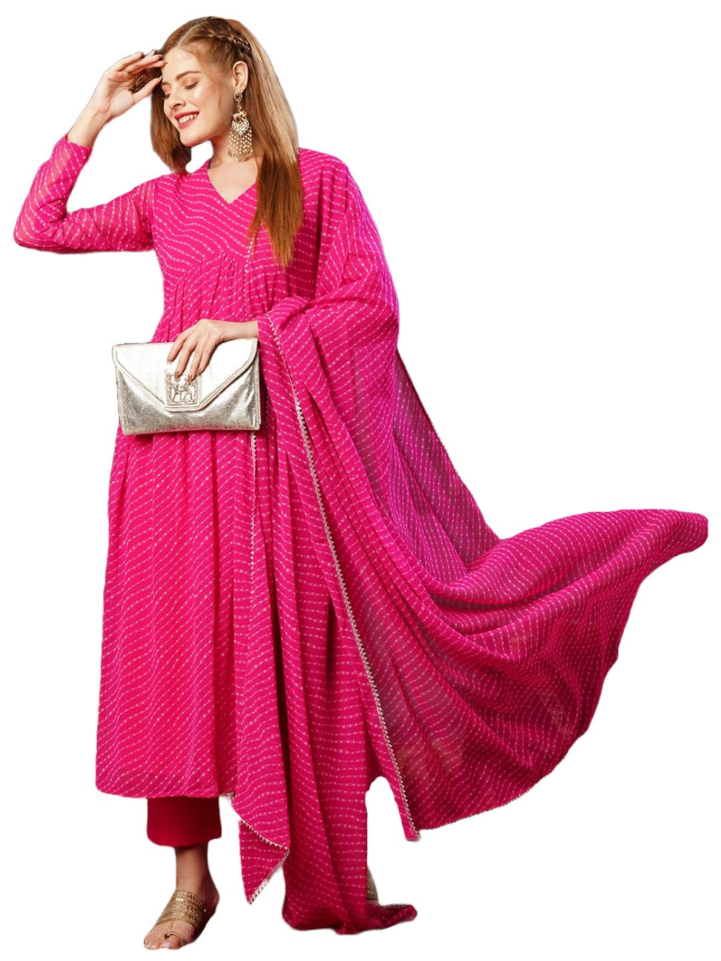 ANNI DESIGNER Womens Georgette Lehariya Printed Anarkali Kurta with Pant & Dupatta (MOTHDA-Pink-JL_M_Pink_Medium)