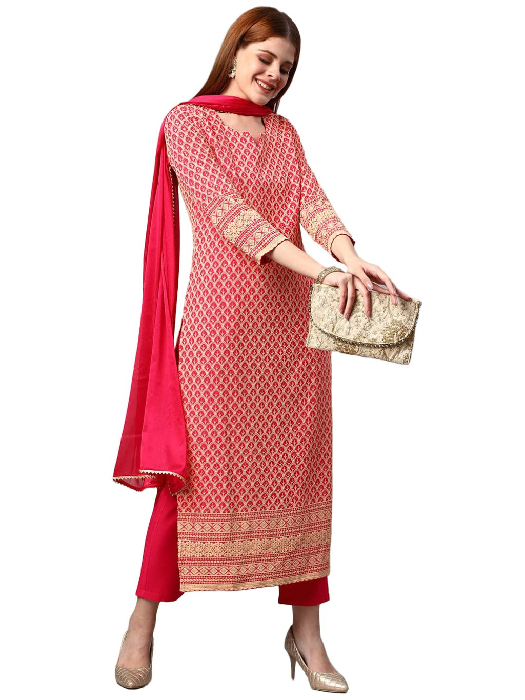 ANNI DESIGNER Women's Cotton Blend Floral Printed Straight Kurta with Pants & Dupatta (Dumas-Pink-Nw_L_Pink_Large)