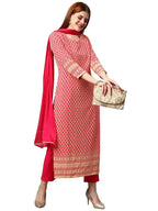 ANNI DESIGNER Women's Cotton Blend Floral Printed Straight Kurta with Pants & Dupatta (Dumas-Pink-Nw_L_Pink_Large)
