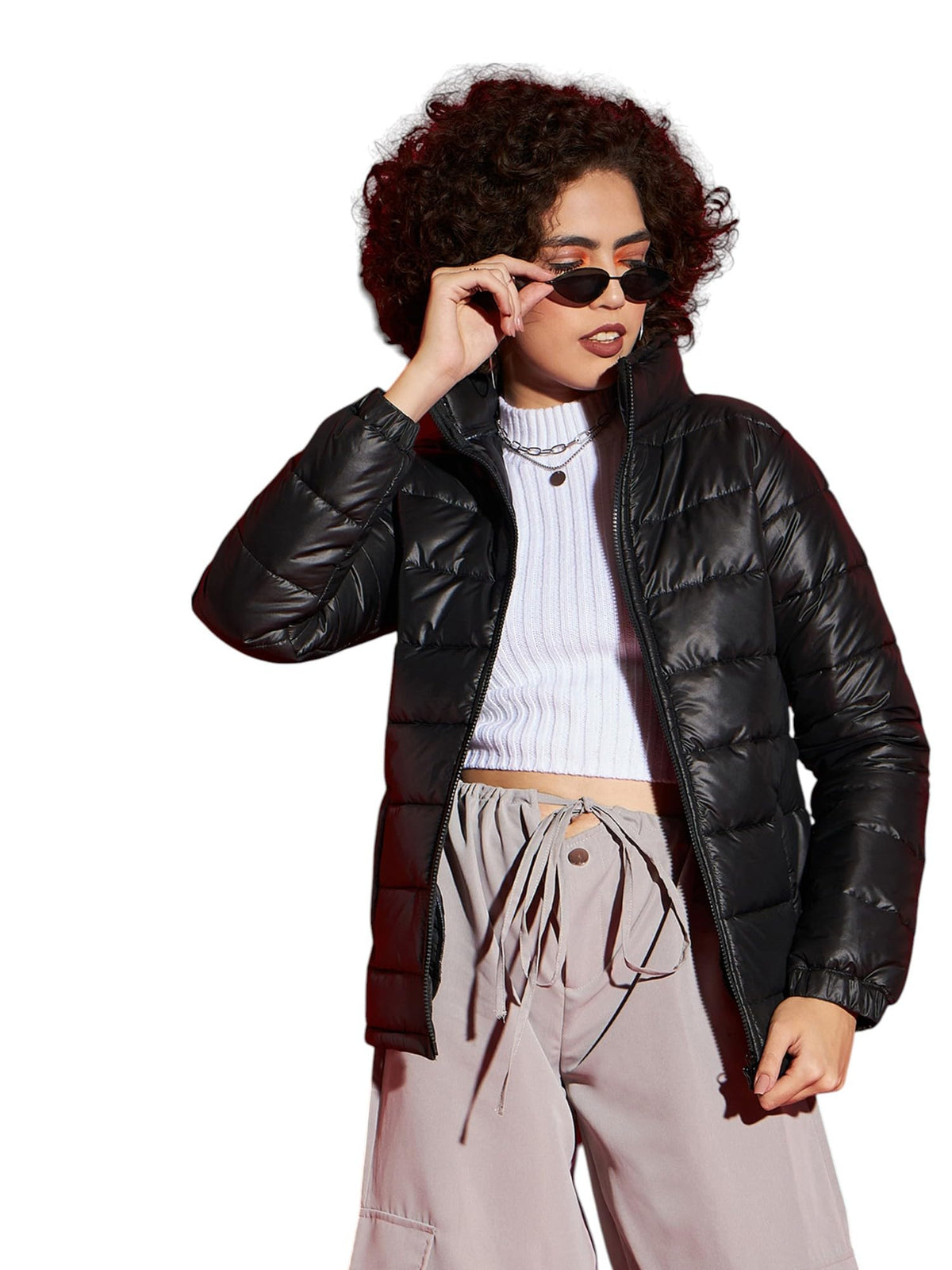 Black High Neck Horizontal Quilt Puffer Jacket 2