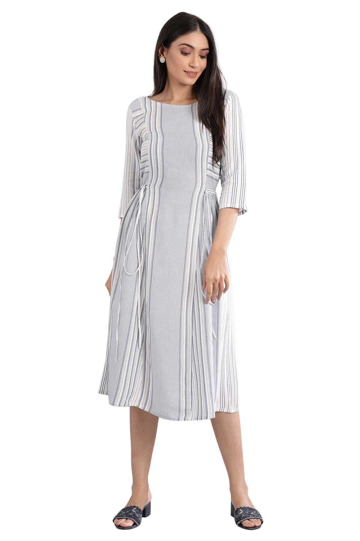 Aurelia Womens Rayon Blue Round Neck Yarn-Dyed Dress Knee-Length (21FEA11523-701443 XL)