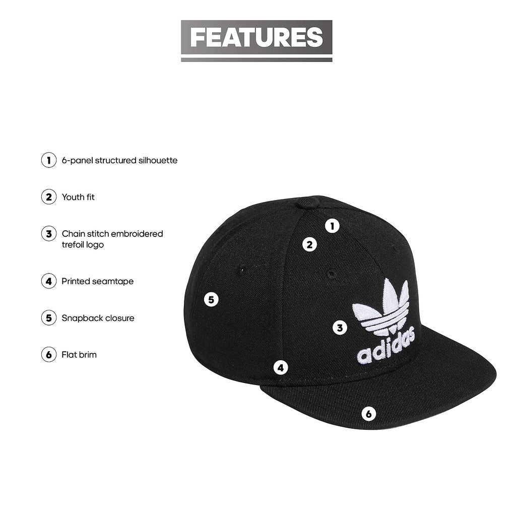 adidas Originals Kids-Boy's/Girl's Trefoil Chain Flatbrim Structured Snapback Cap, Black/White, One Size