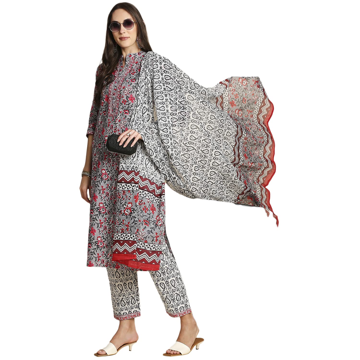 Anubhutee Women'S Cotton Grey Floral Printed Straight Kurta Suit Set With Pants And Dupatta
