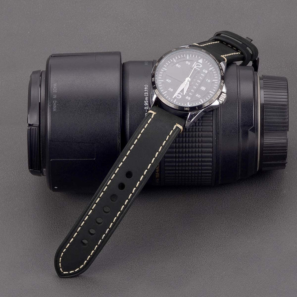 EACHE Black Leather Watch Band, Crazy Horse Genuine Leather Watchbands 22mm Watch Bands,Silver Hardware