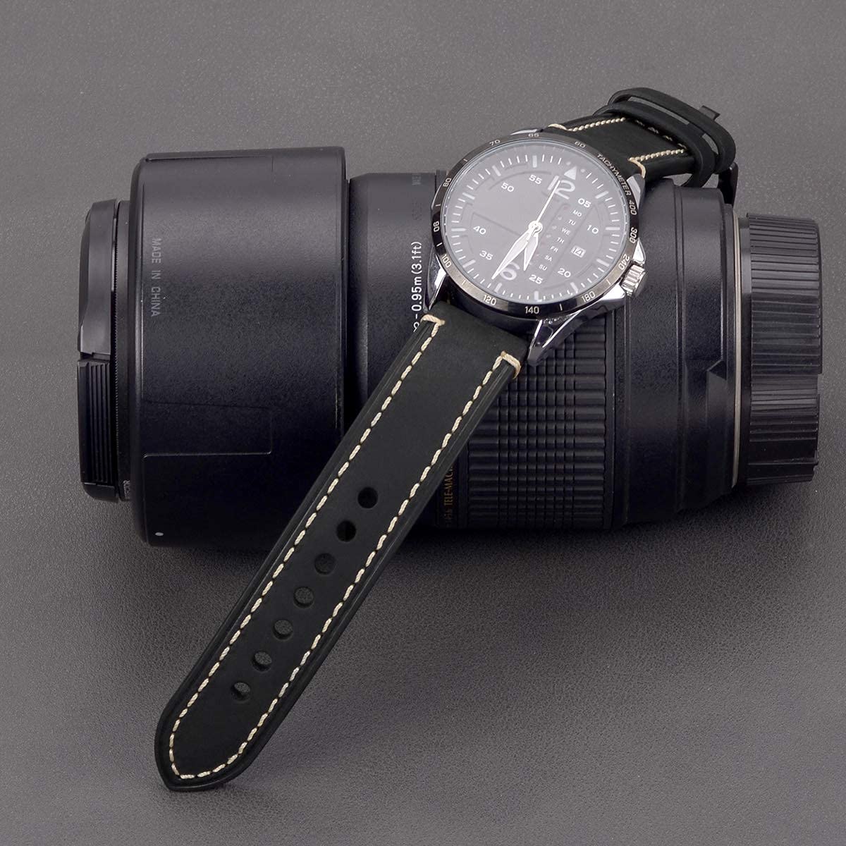 EACHE Black Leather Watch Band, Crazy Horse Genuine Leather Watchbands 22mm Watch Bands,Silver Hardware