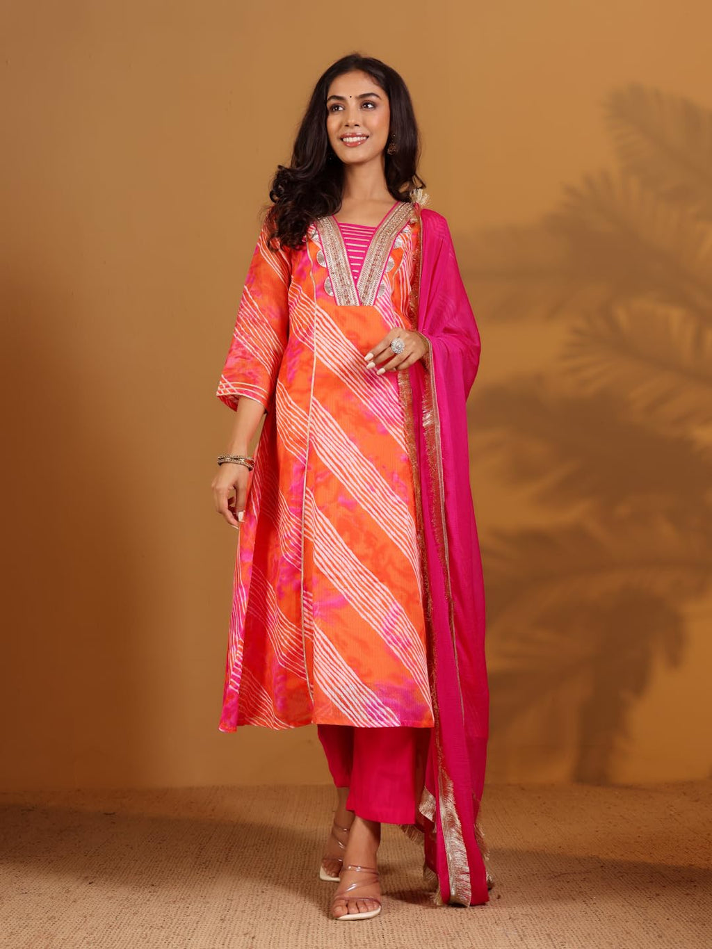 Varanga Leheriya Printed Gota & Zari Embelished Anarkali Kurta Paired With Bottom And Dupatta