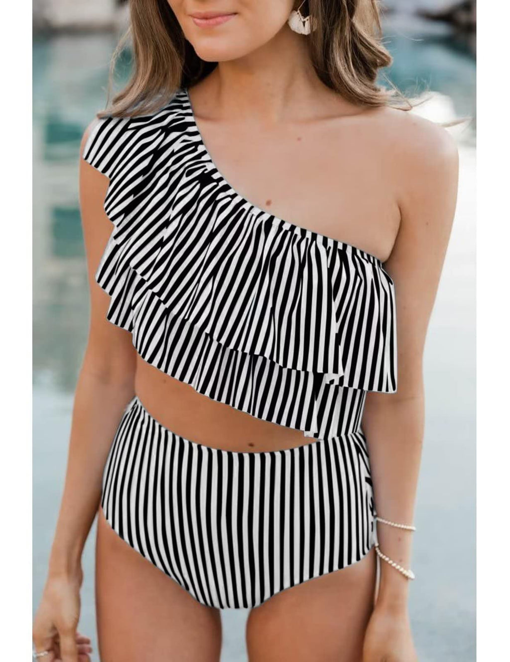 VIMPUNEC Ruffle One Shoulder Swimsuits for Women Striped High Waisted Two Piece Bathing Suits Black Stripes