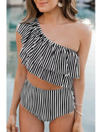 VIMPUNEC Ruffle One Shoulder Swimsuits for Women Striped High Waisted Two Piece Bathing Suits Black Stripes