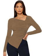 Shasmi Womens & Girls Brown Long Sleeve Asymmetrical Neck Solid Color Ruched Front Asymmetrical Hem Tee Workwear Fancy Top, T-